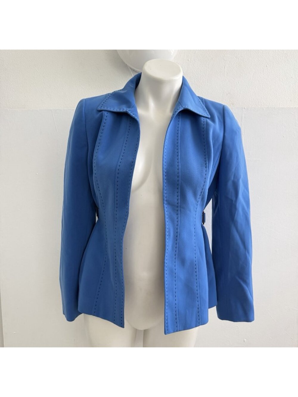NEW Kasper royal blue Open Blazer Petite 2 jacket Stitch side buckle Womens
